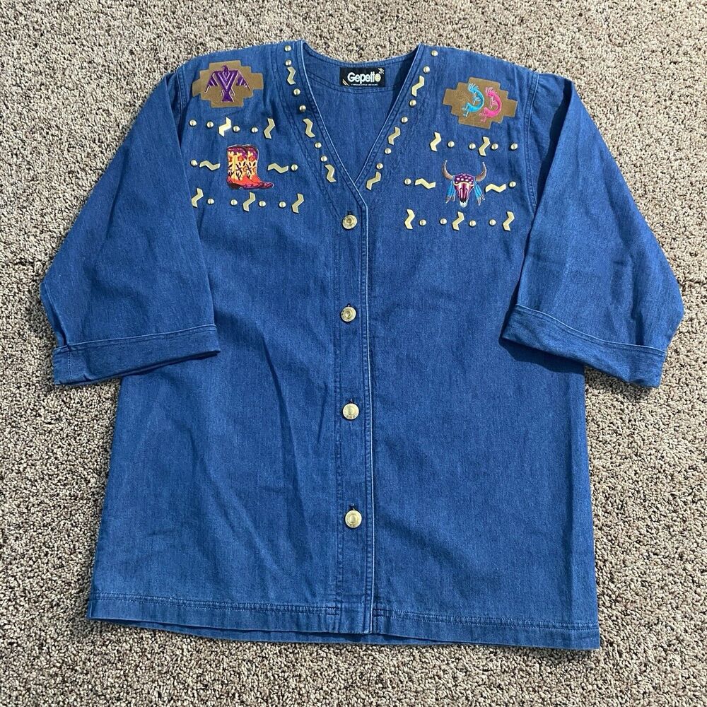 GEPETTO Denim Button Up Shirt Tunic Top VTG Embellished Western Cowgirl Rodeo M‎
